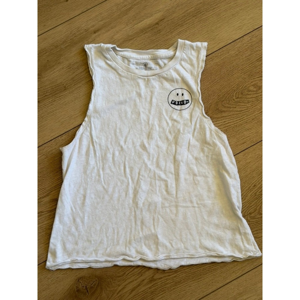 Volcom Womens White Smiley Face Graphic Muscle Tank Top XS Skate Surf Casual